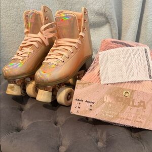 Impala Iridescent Roller Skates - Rose gold with three piece safety gear pack.